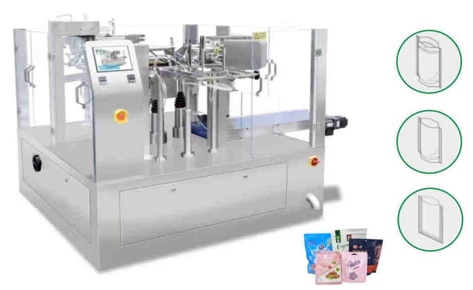 8 Position Rotating Bag Packaging Machine for Self-Supporting Zipper  3/4 Edge Sealing Bags