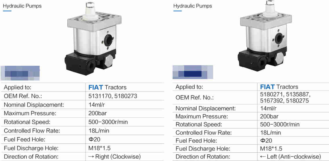 160/200bar Left/right Gear Hydraulic Pumps Replacement of Flat Tractor 5131170, 5180273,5180271, 5135887,  5167392, 5180275