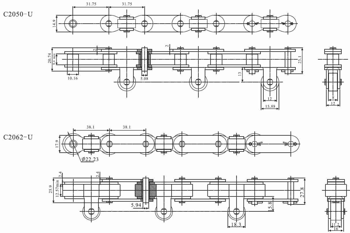 SSC216AH SSC2080H Stainless Steel Double Pitch Conveyor Chain with Attachment SA1&SA2&SK1&SK2 and Sprockets in Steel