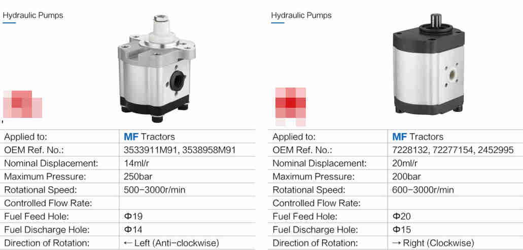 250/200bar Left/right Gear Hydraulic Pumps Replacement of Massey Ferguson Tractor 3533911M91, 3538958M91,7228132, 72277154