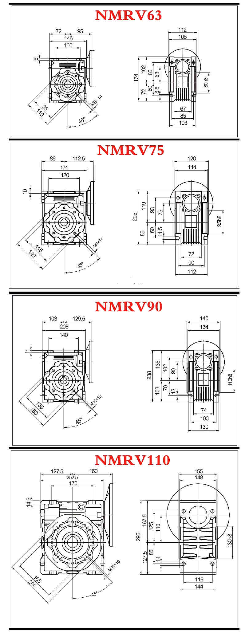 B5 Flange Worm Aluminum Electric Motor Gear Box Nmrv75 Speed Reducers Gearbox for Tower Crane